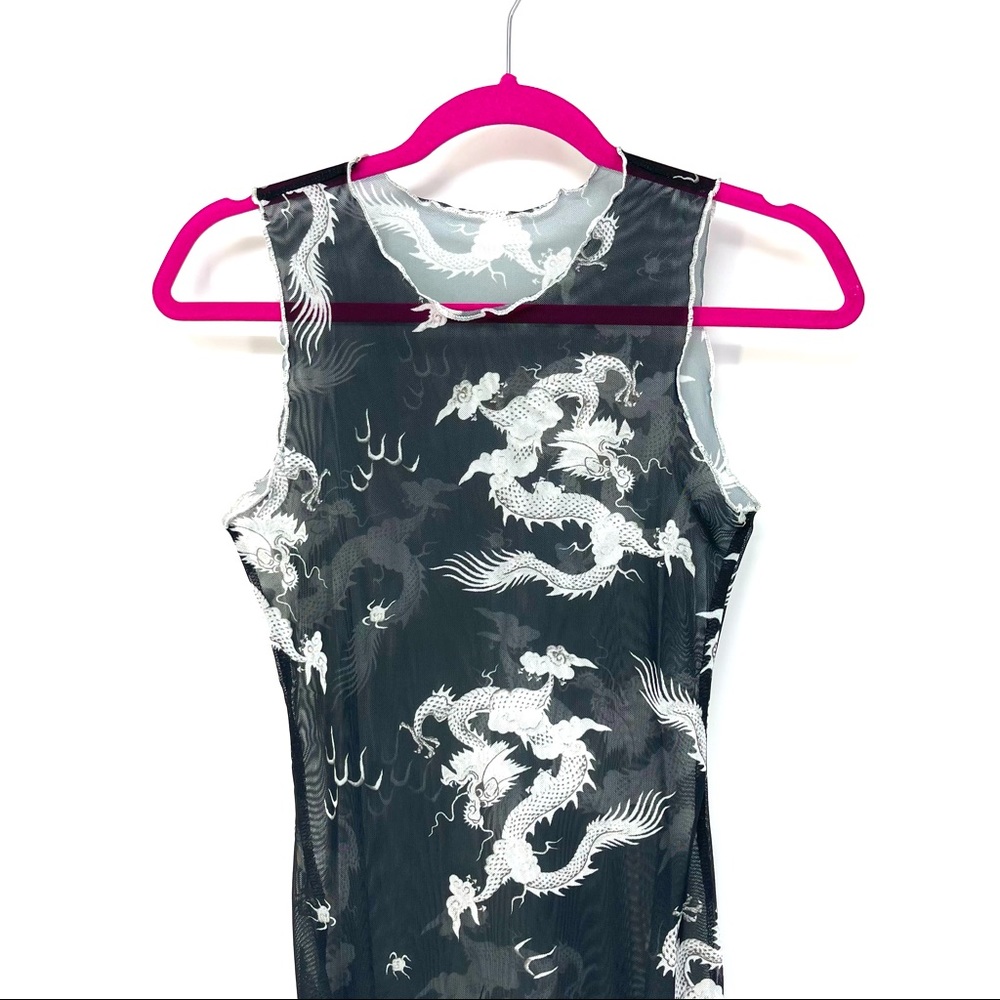 XS Black Chinese Dragon Lettuce Trim Mesh Dress - Picture 3 of 7